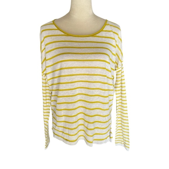 Vince Yellow Striped Linen Y2K Knit Boatneck Lightweight Sweater Top Women Sz M - Picture 3 of 8